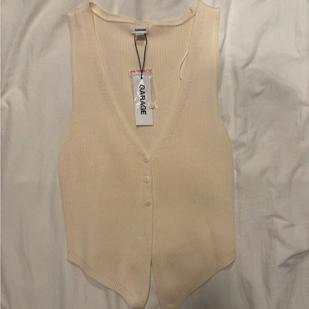 Garage Cream Ribbed V-Neck Button Vest